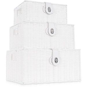 Set of 3 Woven Wicker Storage Basket Box with Lids & Lock, Built-in Carry Handles, Multifunctional Storage Organizer for Nursery, Baby, Clothes, Toys, Books, Large/Medium/Small Size (White)