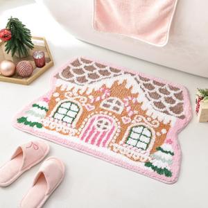 TRUEDAYS Christmas Bathroom Rug - Gingerbread House Rug, Absorbent Bath Mat for Bathroom & Tub Non Slip - Pink Soft Gingerbread Bath Mat, Holiday Decorations Gift for Entryway, Kitchen (20'' x 30'')