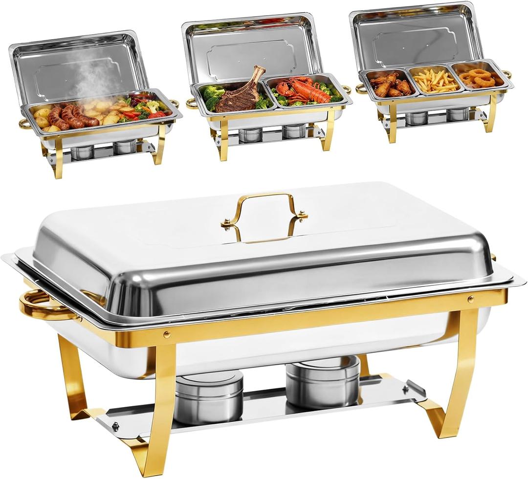 9Qt Chafing Dishes for Buffet, Gold 304 Stainless Steel Chafing Dish Sets, Food Warmers for Parties, Buffet Servers and Warmers, Warming Trays for Buffets Party, Multiple Size Food Pans, 4 Pack