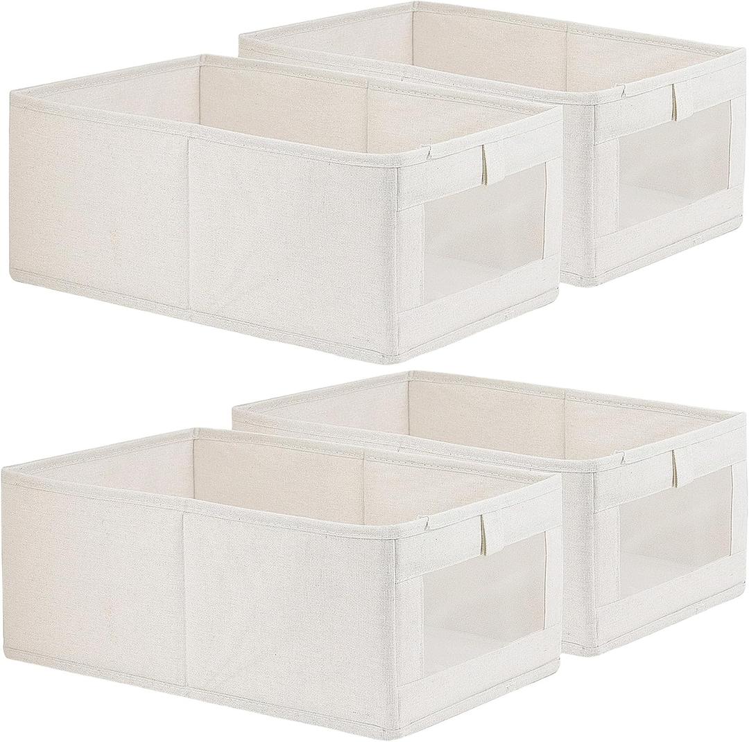 Fordonral 4 Pack Linen Storage Bins, Storage Containers for Organizing Clothing, Jeans, Toys, Books, Shelves, Closet, Wardrobe - Closet Organizers and Storage, Large Storage Boxes Baskets with Window