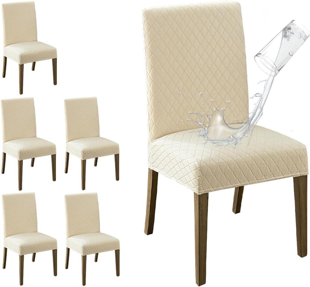 MOSAYT 100% Waterproof Dining Room Chair Covers Set of 6, Super Fit Stretch Jacquard Parson Chairs Slipcovers Removable Washable Chair Seat Protectors for Home, Kitchen, Banquet (Beige)