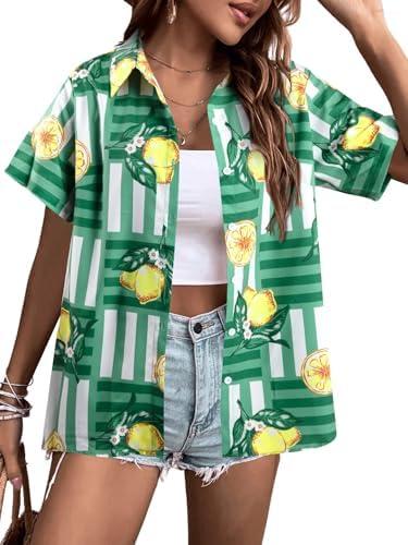 ALLTB Hawaiian Shirts for Women Tropical Floral Printed Hawaii Shirts Button Down V Neck Short Sleeve Blouses Tops,M