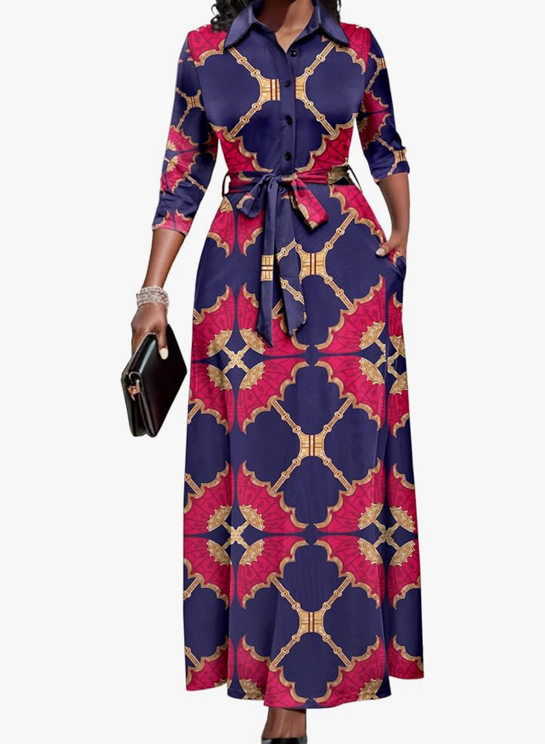 Runwind Women Church Maxi Dresses 3/4 Sleeve Button Down Print Casual Office Dress African L