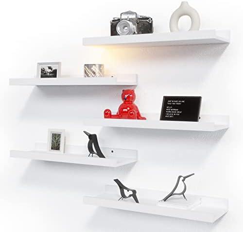 RICHER HOUSE 5 Set White Floating Shelves, Modern Picture Ledge Shelf with Lip for Wall Storage in Nursery, Bedroom, Living Room, Bathroom 16x4 Inch