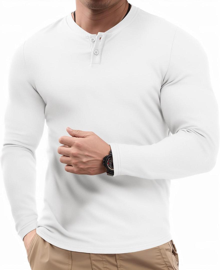 JMIERR Mens Muscle Slim Henley Shirt Button V-Neck Long Sleeve Gym Workout Athletic T Shirts (White, XXL)