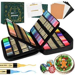 IVSUN Metallic Marker Pens, 30 Metallic & 30 Regular Colors Dual Tip Acrylic Paint Pens for Black Paper, Photo Album, Rock Painting, Wood, Card Making, DIY Crafts, Scrapbook Supplies