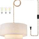 Plug in Pendant Light, 2-Tier Drum Linen Pendant Light with 15ft Hemp Rope Cord, E26 On/Off Switch, 18" Plug in Hanging Chandelier for Dining Room Kitchen, Includes Bulbs