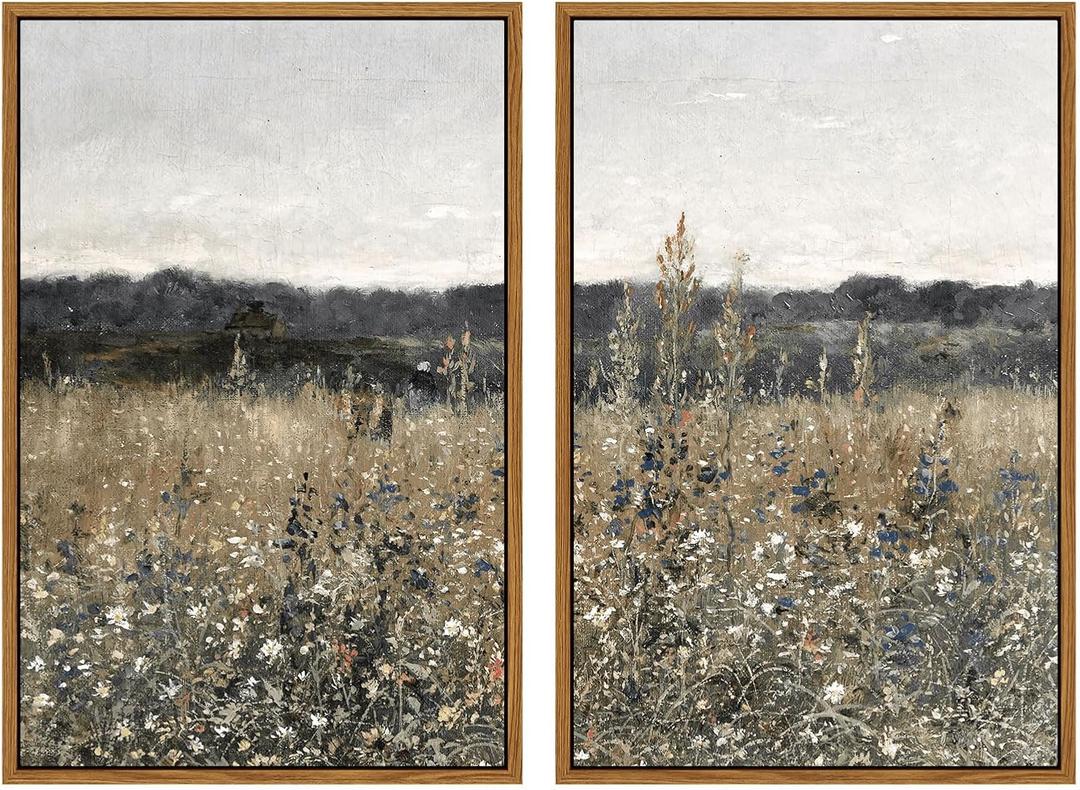 InSimSea 2 Pcs Framed Wall Art Vintage Landscape Decor, Meadow Scenery Paintings Above Bed Wall Decor, Canvas Prints, Living Room Bedroom Office Farmhouse Decorations, 16"x24" Set of 2 (Champ Fleuri)