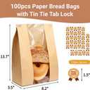 PAICUIKE 100 Pack Large Kraft Paper Bread Bags for Homemade Bread Sourdough Bags 13.7" x 8.2" x 3.5" with Tin Tie Tab Lock Clear Front Window Bakery Bag Packaging Cookie Bag with Label Seal Stickers
