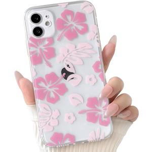 NITITOP Compatible with iPhone 12 Case Cute Clear Aesthetic Floral Flower Hibiscus Pattern for Girls Women Soft TPU Full Camera Lens Shockproof Protective Phone Cover - Pink