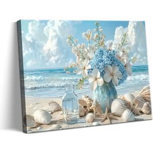 Beach Bathroom Canvas Wall Art Coastal Floral Wall Decor Picture Ocean Theme Seascape Seashell Starfish Poster Print for Bathroom Bedroom Living Room 16x24in