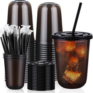 tchrules 50 Set 16oz Black Plastic Cups with Lids & Straws, Disposable Iced Coffee Cup with Lid, Round Bottom Plastic To Go Cups for Cold Drinks Slushie Smoothie Lemonade Soda Bar Party Shop Supplies