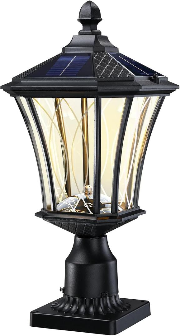 19.6" Solar Post Lights, Dusk to Dawn Outdoor Post Lights Solar Lamp Post Light, Black Pole Lights Outdoor with Pier Mount Base, Waterproof Outdoor Lamp Post for Yard FrontDoor Pathway Garage, 1 Pack (Dual Color Temp-LED Panel)