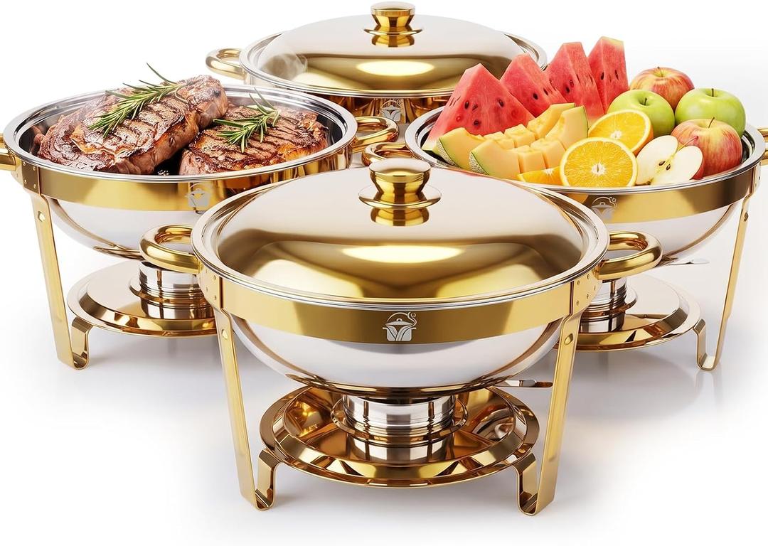 4 Pack 6QT Gold Chafing Dishes for Buffet, Round Chafing Dish Set 304 Stainless Steel Food Warmer Tool-Free Assembly Buffet Servers and Warmers to Keep Food Hot or Cold, for Party, Wedding, Catering