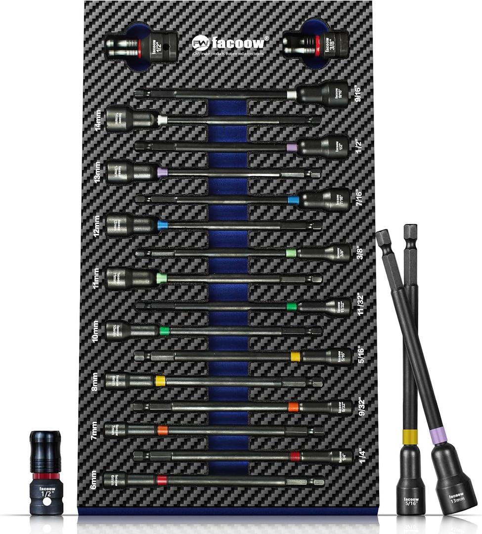 Facoow 6 Impact Nut Drivers Set Magnetic, 18pcs Color Coded SAE & Metric Impact Nut Drivers, Extra Long Nut Drivers for Impact Drills, Impact Sockets Adapters (1/2" & 3/8") Impact Wrenches