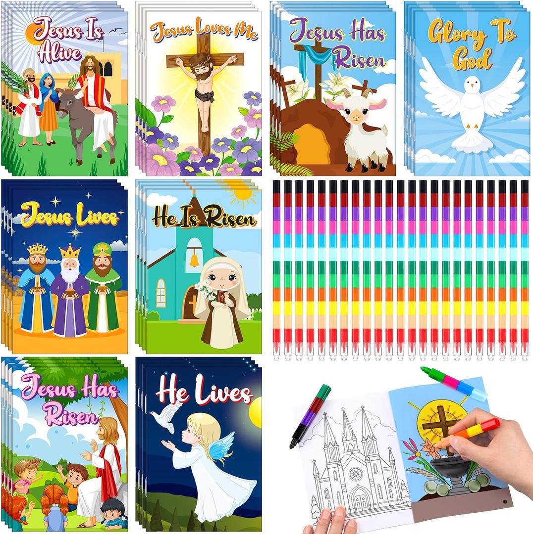 ReliThick 32 Set Christian Easter Coloring Books Jesus Cross Coloring Book He Is Risen Bible with 32 Pcs Stacking Crayons Bulk for Easter Holiday Party Favor Sunday School Classroom Gifts