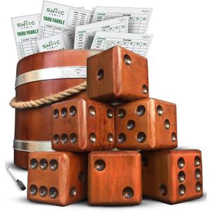 Swooc Games - Yardzee, Farkle, & 20+ Giant Dice Games (All Weather) with Wood Bucket, 5 Scorecards, & Marker - Yard Dice Outdoor Game for Family - Giant Backyard Game Set - Outside Jumbo Lawn Fun
