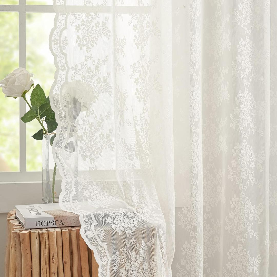 YJ YANJUN Vintage Lace Curtains 84 Inches Long-Romantic Flowers and Branch Sheer Lacy Curtains for Living Room French Door 1 Pair Rod Pocket, 52 x 84 Inch Ivory