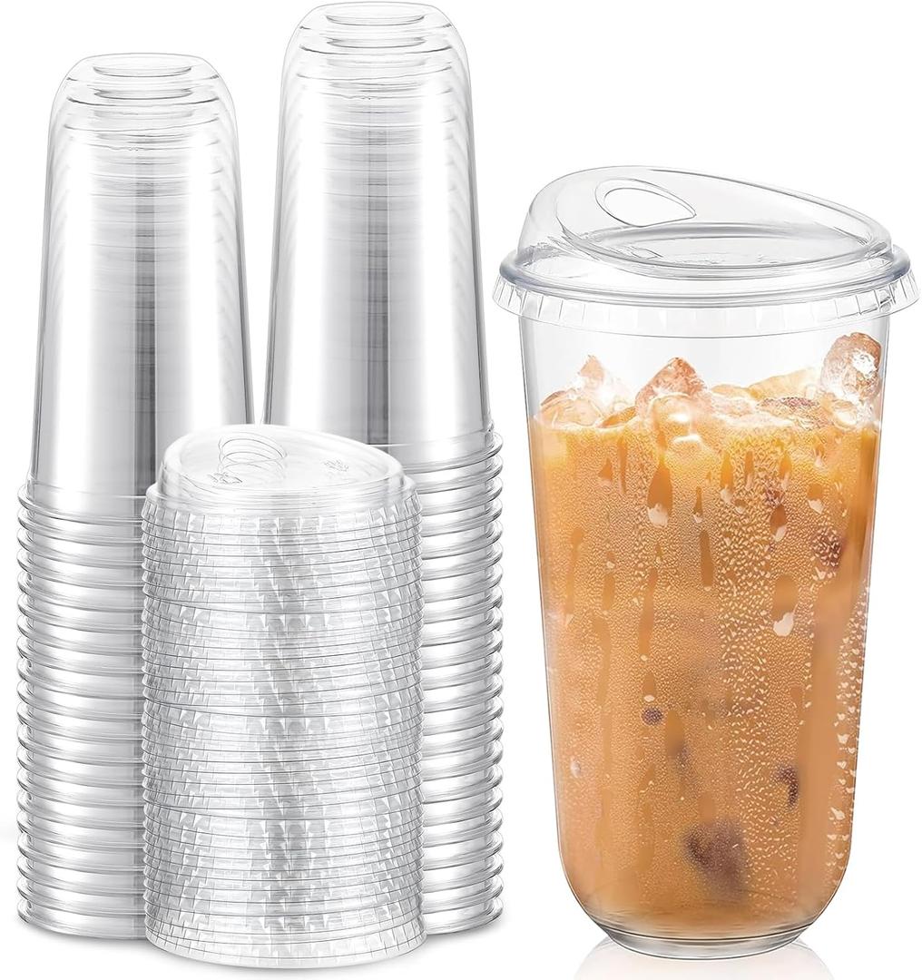 Baderke 50 Pcs Plastic Cups with Sip Lids Round Bottom Disposable Plastic Coffee Cups with Lids Clear Strawless Crystal Mugs for Iced Coffee Smoothie Cold Beverage Party Catering Supplies (20 oz)