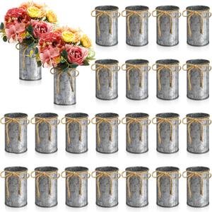 Rustic Vase for Table Centerpieces 4.33 Inch Small Petite Flower Vase with Twine Bow Vintage Farmhouse Decor for Wedding Reception Dining, Home Galvanized Metal Buckets (Iron Color, 24 Pcs)
