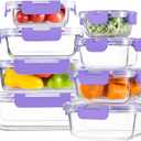 HOMBERKING 8 Pack Glass Food Storage Containers with Lids, Meal Prep Containers, Airtight Bento Boxes with Leak Proof Locking for Microwave, Oven, Freezer and Dishwasher, BPA Free, 5-35oz, purple