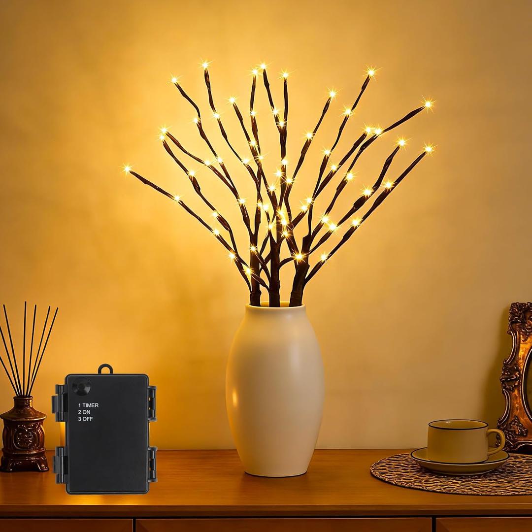 GOESWELL Lighted Branches Tree Lights: 18In Brown Willow Twig Light with Timer for Vase Decor - Tree Branch Light with 60 Warm White LED for Tabletop Living Room Indoor Decoration