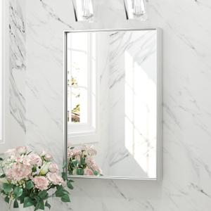 Keonjinn 16 x 24 Inch Brushed Silver Bathroom Mirror for Wall, Silver Rectangle Vanity Mirror, Modern Farmhouse Mirrors, Metal Framed Rectangular Square Corner Mirrors(Horizontal/Vertical)