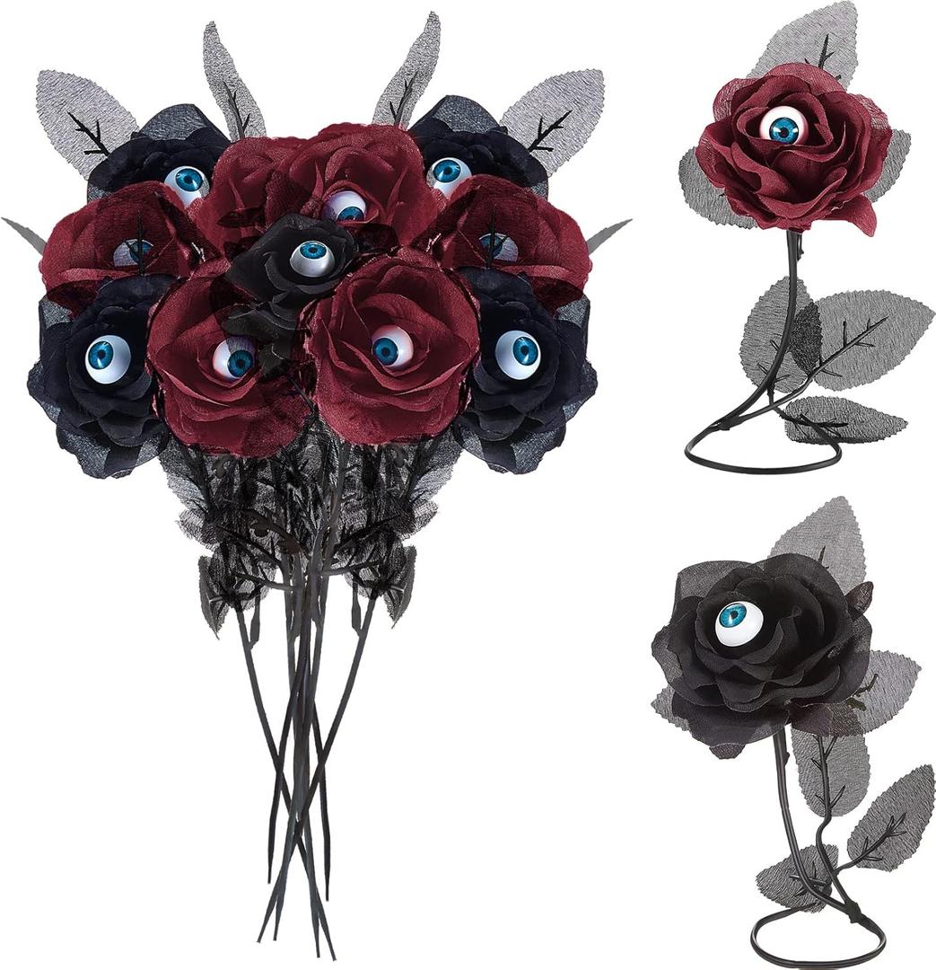 MTLEE 12 Pieces Halloween Eyeball Flowers Artificial Silk Roses Flowers Faux Eyeballs Rose Gothic Rose Bushes for Halloween Party Home Decorations(Black, Red)