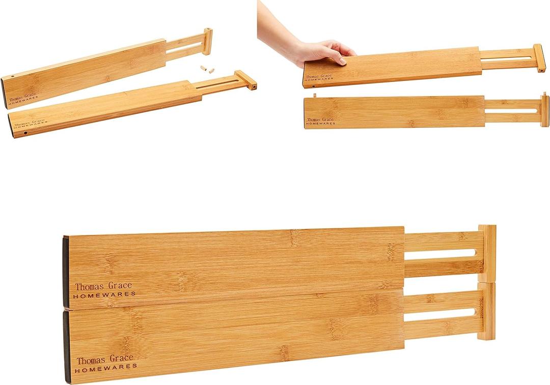 Bamboo Kitchen Drawer Organizer Divider Stackable for Deep Drawers, (Set of 4) Spring-loaded dividers that are Expandable & Adjustable, Kitchen Organizer
