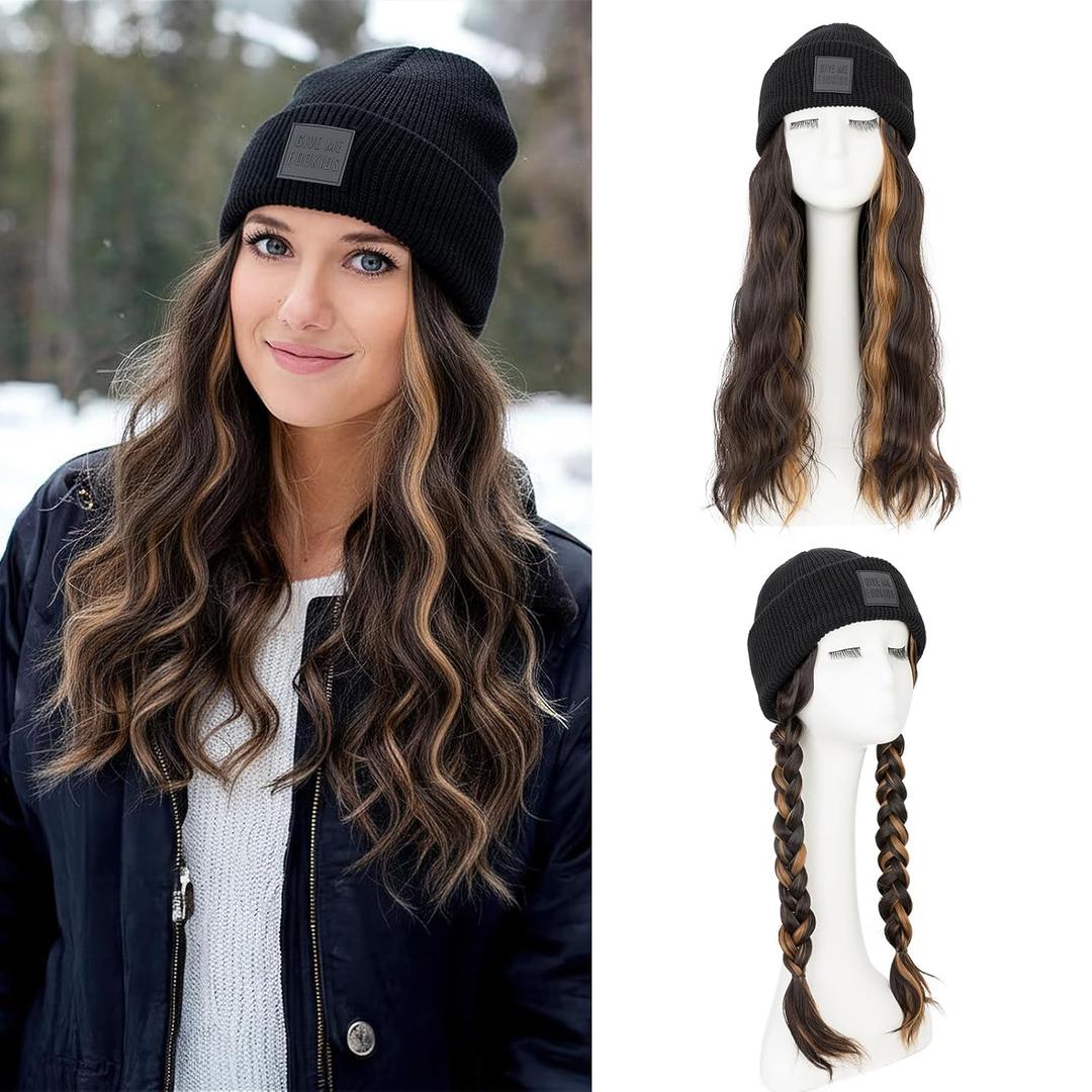 Benehair Beanie Wig Hair Extensions, Knitted Hats with Synthetic Water Wave Wig Hairpieces for Women Winter, 18 Inch Long Wavy Brown Mix Blonde Hair with Black Beanie