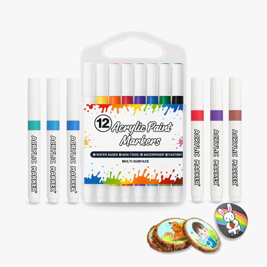 Acrylic Paint Markers - 12 Colors Acrylic Paint Markers with Medium Point - Acrylic Pens for Rock Painting, Wood, Canvas, Stone, Glass, Ceramic,Crafts Making Art Supplies, DIY Crafts