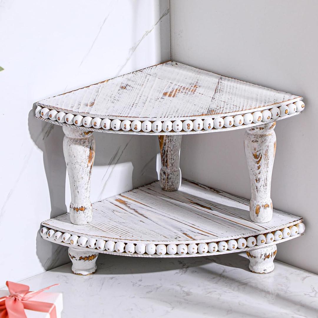 Kigley 2 Tiered Corner Riser for Kitchen Counter Wood Beaded Corner Shelf White Wash Countertop Bathroom Counter Organizer Rustic Decorative Pedestal Stand with Removable Feet for Kitchen Coffee Bar