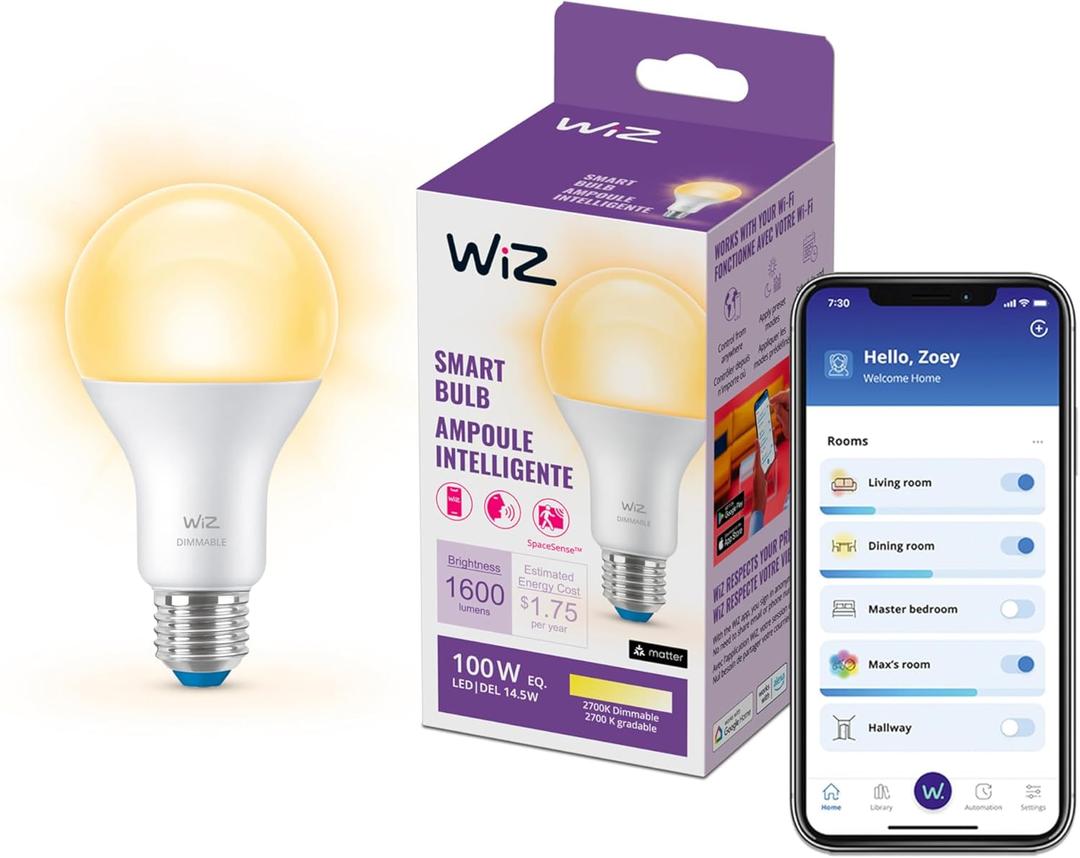 WiZ 100W Eq. (14.5W) A21 Soft White LED Smart Bulb - Pack of 1 - E26- Indoor - Connects to Your Existing Wi-Fi - Control with Voice or App + Activate with Motion - Matter Compatible