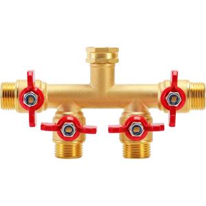 FINEST+ 4 Way Brass Hose Splitter, Solid Brass High Volume 4 Way Hose Splitter Valve with Metal Handle, Hose Connector 3/4", Hose Spigot Adapter 4 Valves with 4 Extra Rubber Washers
