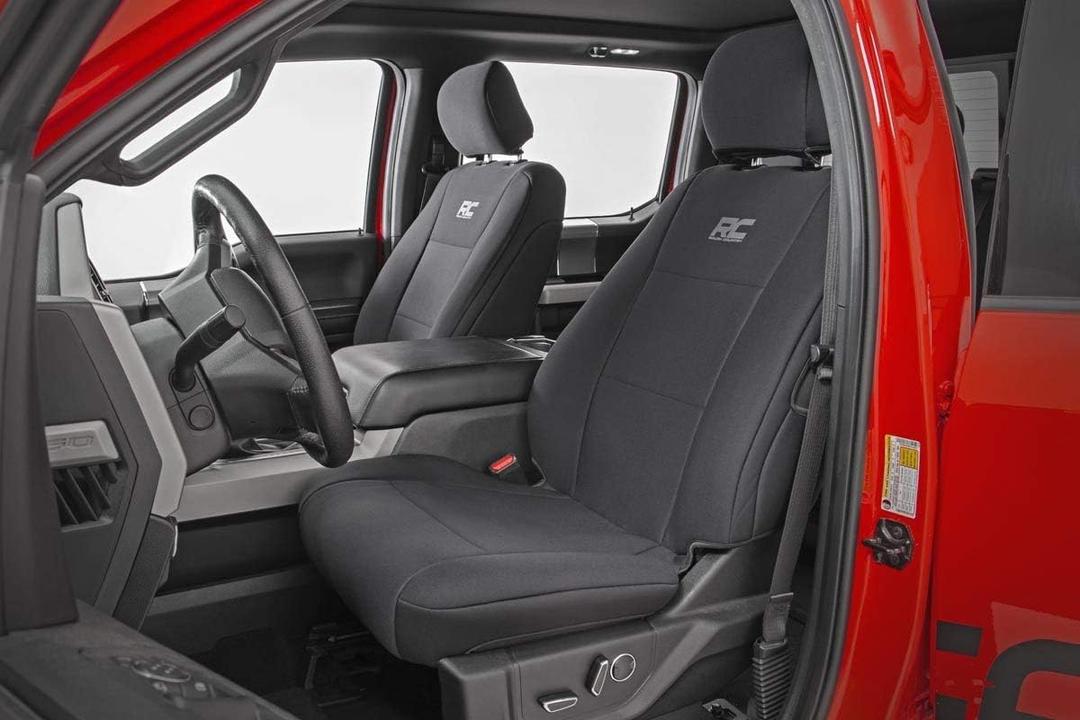 Rough Country Neoprene Seat Covers for Ford F-150 (2015-25), Lightning (2022-24), SuperDuty (2017-25) Crew Cab w/No Rear Arm Rest - Waterproof & UV Resistant, Foam Padded, Front & Rear Set