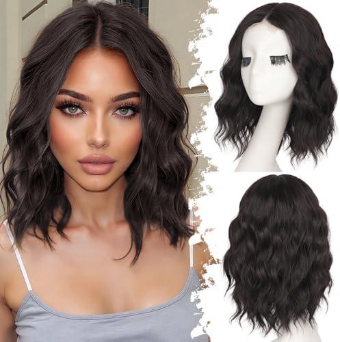 Eawwii Dark Brown Short Wavy Wig for Women Lace Hairline Bob Style Synthetic Heat Resistant - Natural Appearance for Everyday Hairstyle 14 Inch