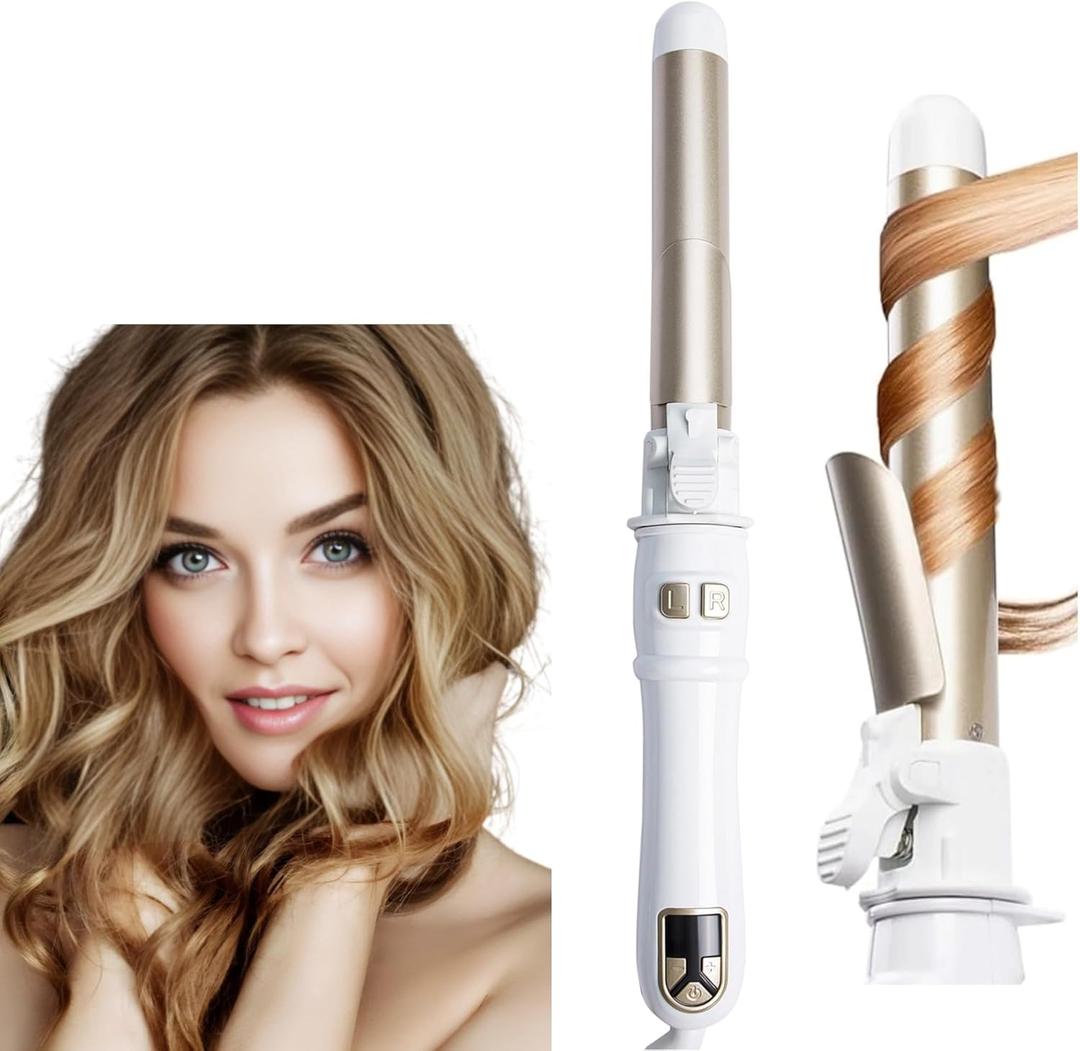 Automatic Curling Wand 28mm/1.1 inch Rotating Curling Iron with LED Display Fast Heating Wand for Short Long Hair Professional Hair Waver Styling Irons (White)