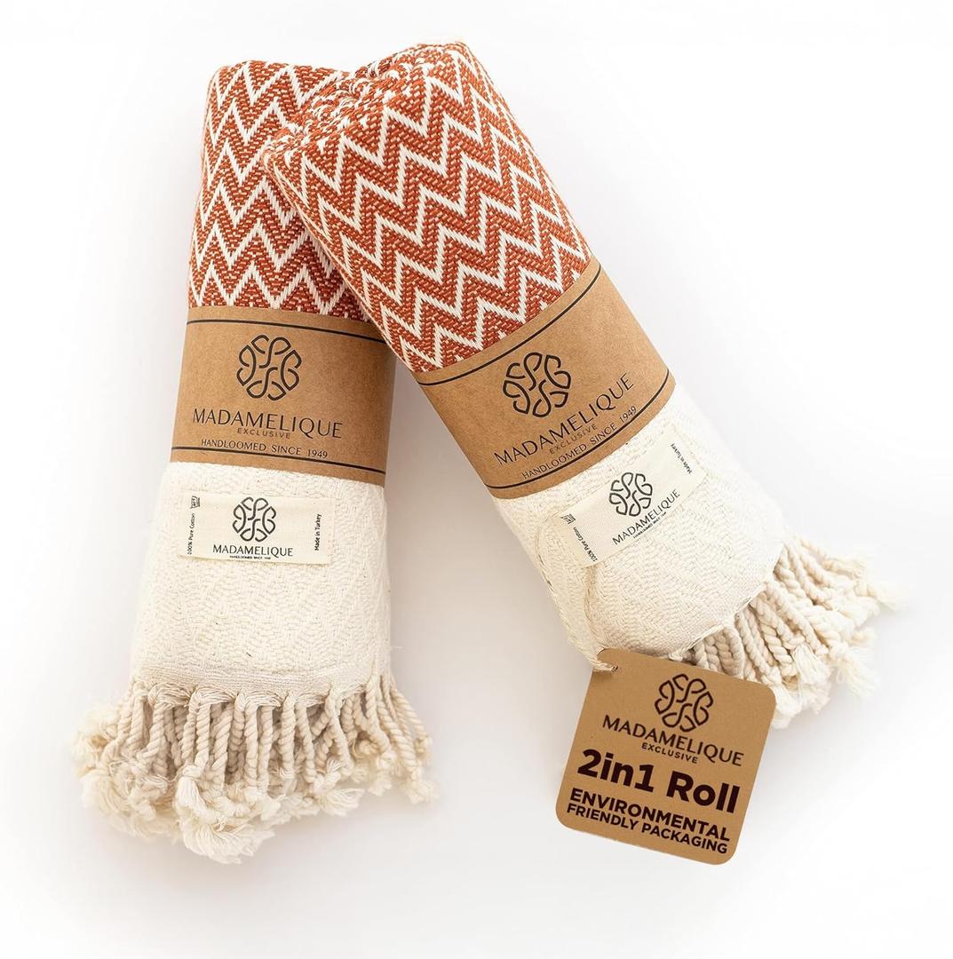 Madamelique Exclusive Hand Towels Set of 2-18 x 40 Inches - Decorative Bathroom Peshtemal Towel for Hand, Face, Hair, Yoga, Tea, Dishcloth, Kitchen and Bath - 100% Pure Cotton (Terracotta)