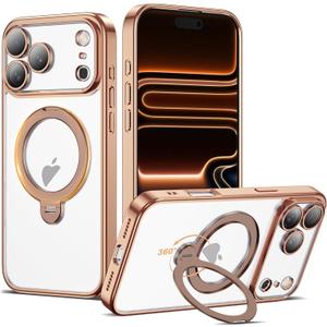 Compatible with iPhone 17 Pro Case with 360° Spin Magnetic Ring Stand [Compatible with Mag-Safe] Full Camera Lens Protector Plating Clear Phone Case for iPhone 17 Pro 6.3", Desert Gold