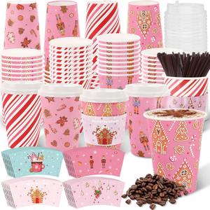 60 PCS 16oz Pink Christmas Paper Cups with Lids Thick Disposable Holiday Designs featuring Gingerbread Men Nutcrackers Snowflakes for Hot Beverage Cocoa Coffee Party Beverage Favors Decoration