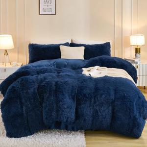Andency Fluffy Navy Blue Comforter Set Queen Size, 3 Pieces Winter Faux Fur Warm Soft Fuzzy Plush Bedding Comforter Set (1 Velvet Comforter & 2 Pillowcases), Thick Heavy Comfy Comforters Bedding Set