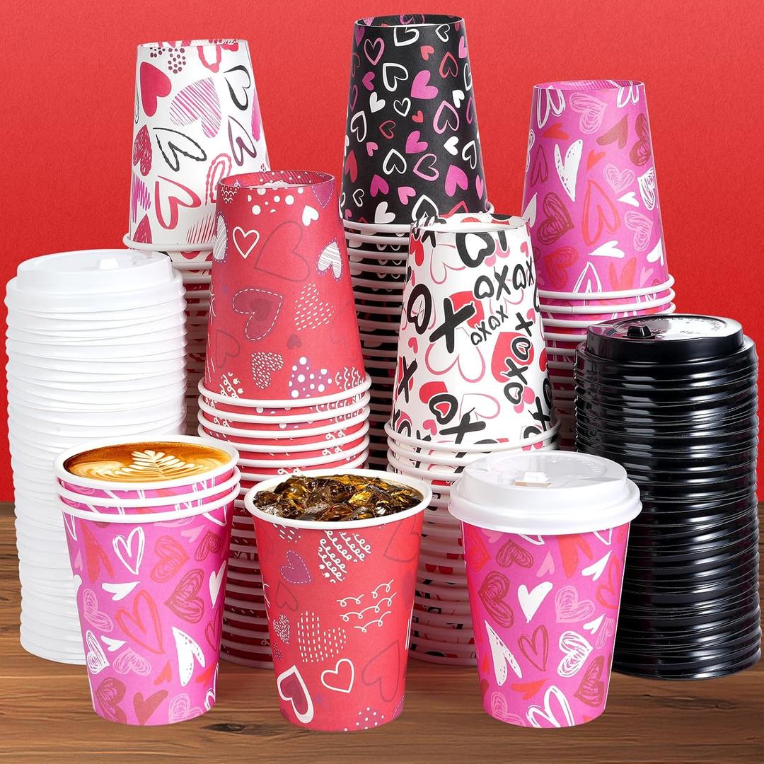100Set Valentines Disposable Coffee Cups with Lids 12oz, Pink Black Heart Print Disposable Paper Cups, 5 Styles Valentines Cups for Hot Chocolate Cold Drinks Wedding Valentines D ay Party Supplies
