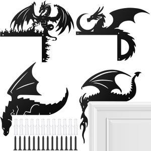 MorningRo 4 Pcs Dragon Door Frame Decoration Set Black Metal Themed Corner Sign Bathroom Wall Art Decor for Indoor Outdoor Door Window Home Office