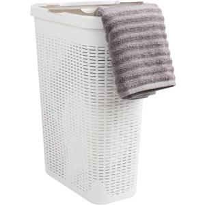 Mind Reader Slim Laundry Hamper with Lid, 40L Clothes Basket, Narrow Tapered Design with Ventilated Cutout Pattern, Plastic, White (Single)
