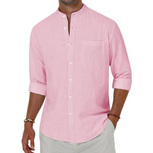Alimens & Gentle Men's Cotton Linen Shirts Long Sleeve Button Down Shirt Band Collar Beach Shirts (Pink, M)