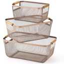 Mumufy 3 Pcs Metal Wire Basket with Wooden Handles Mesh Steel Organizer Bins for Pantry Closet Kitchen Cabinet Home Fridge Fruit Makeup Snacks Organization (Warm Tapue,3 Sizes)