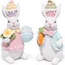 Hodao Easter Bunny Figurines Set of 2 Decor, Spring Decorative Rabbit Couple with Colorful Cake, and Easter Eggs Tabletop Home Decoration for Living Room, Entryway (Blue-pink)