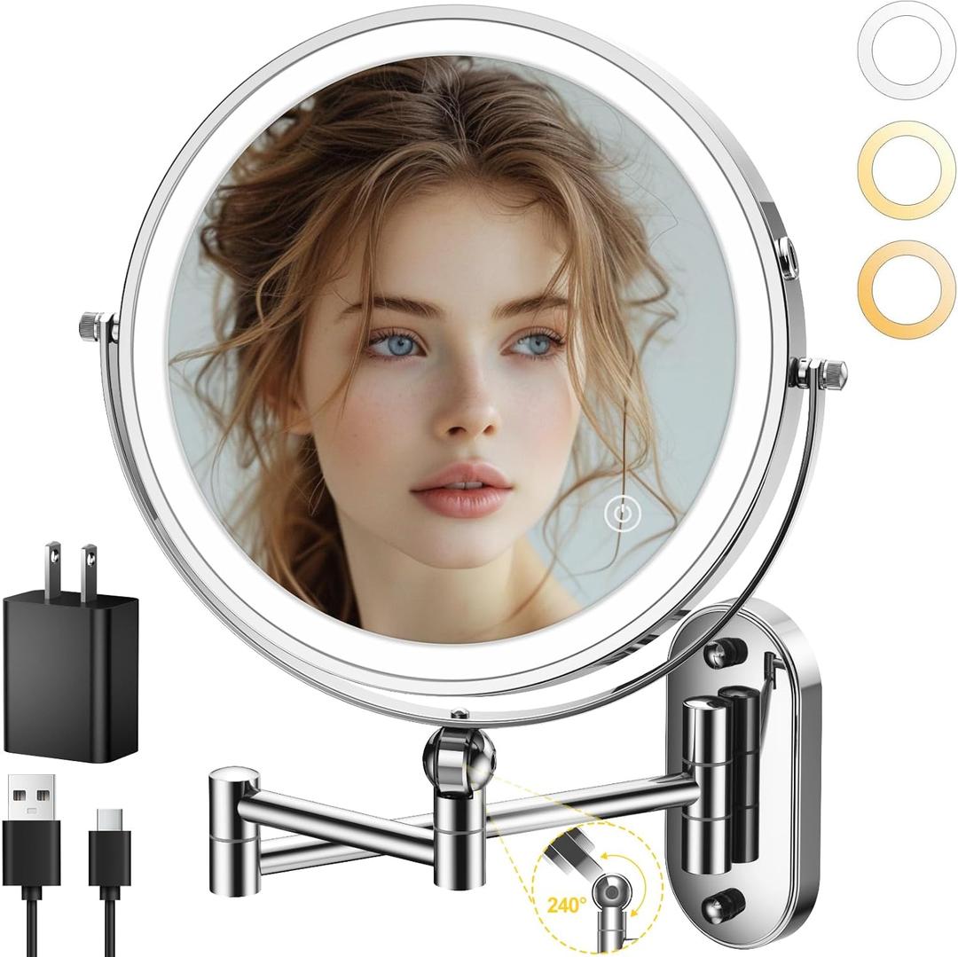 9" Wall Mounted Lighted Makeup Mirror,4000mAh Rechargeable Double Sided 1X/10X Magnifying Mirror with Light,3 Color Lights,Touch Dimmable,Extended Arm 360 Rotation Wall Mounted Makeup Mirror (Chrome)
