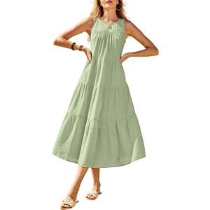 Newshows Women's 2024 Summer Midi Dresses Sleeveless Crewneck Beach Boho Casual Loose Long Flowy Tiered Sundress with Pockets (Green, S)