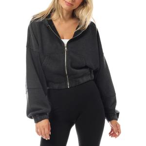 Design by Olivia Women's Zip Up Hoodies Cropped Sweatshirts Fleece Jackets Fall Outfits Casual Hooded Tops Winter Clothes Medium, Black (Vintage Acid Wash)